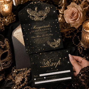Masquerade mask gold glitter quinceanera sepia  all in one invitation