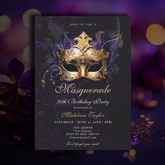 Masquerade Mask Gold Purple Dramatic 50th Birthday Invitation (50th birthday themes masquerade party venetian mask elegant classy watercolor purple gold black )