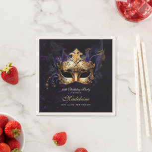 Masquerade Mask Gold Purple Dramatic 50th Birthday Napkin