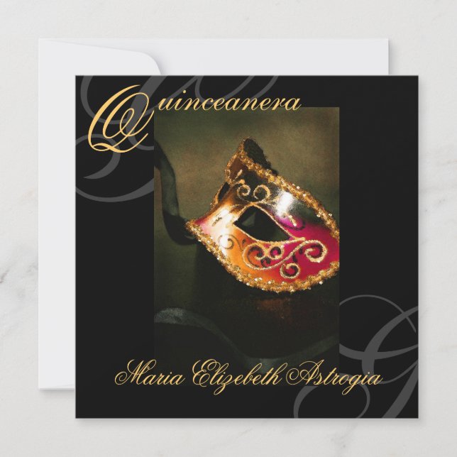 Masquerade Mask Gold Quinceanera Party Invitation (Front)