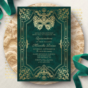 Masquerade Mask Green Elegant Quinceanera Invitation