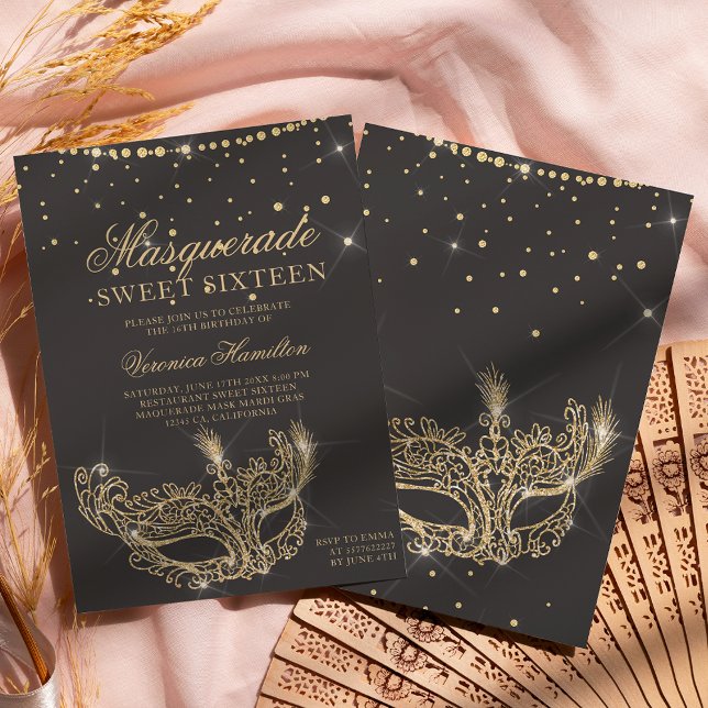 Masquerade mask grey gold glitter Sweet 16 Invitation (Creator Uploaded)