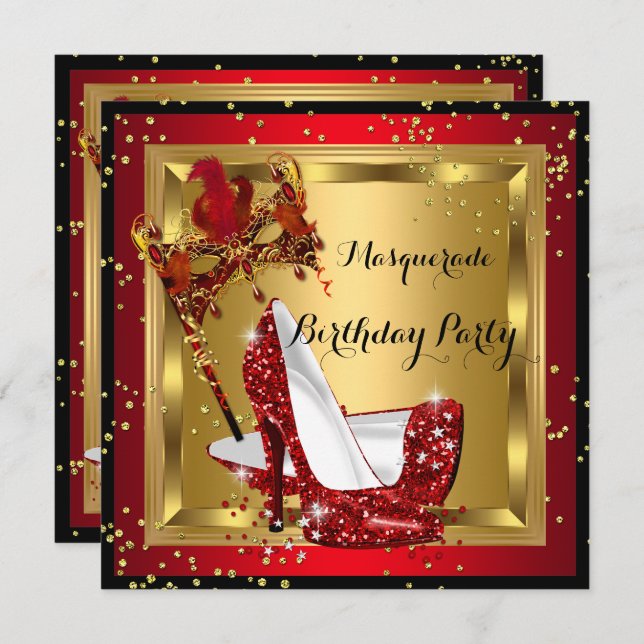 Masquerade Mask High Heel Shoe Red Birthday 2 Invitation (Front/Back)