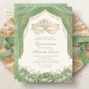 Masquerade Mask Modern Sage Green Quinceanera Invitation