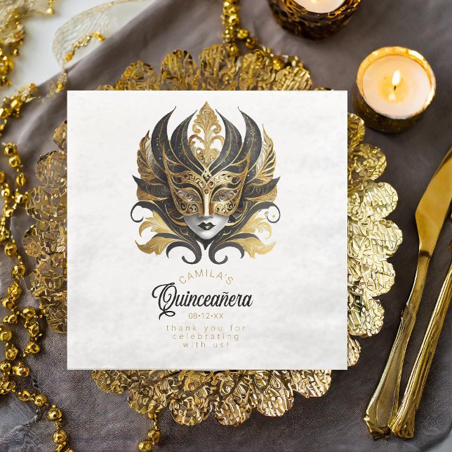 Masquerade Mask Motif Black Gold White ID1031 Napkin (Creator Uploaded)