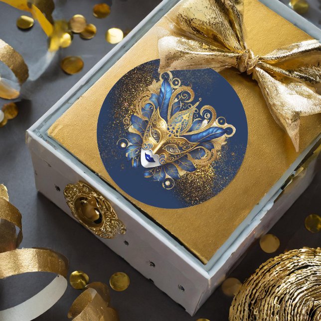 Masquerade Mask Motif Blue Gold ID1031 Classic Round Sticker (Creator Uploaded)