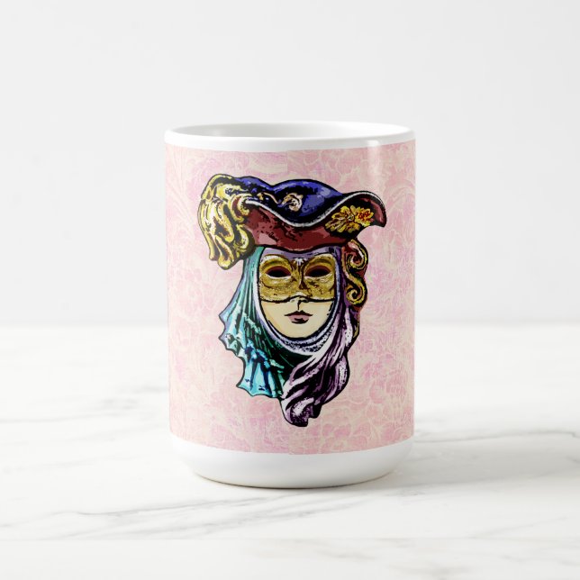  Masquerade Mask on Dusty Pink Brocade Pattern Coffee Mug (Center)