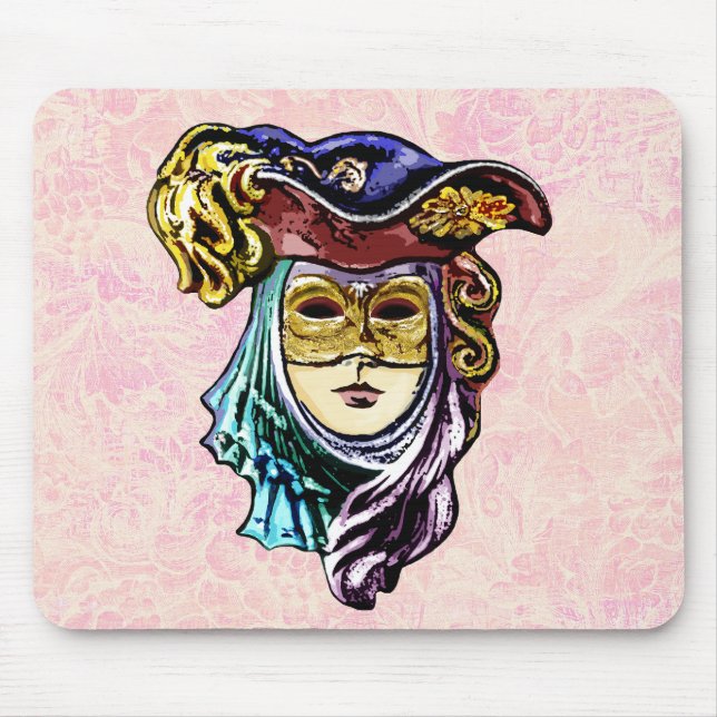 Masquerade Mask on Dusty Pink Brocade Pattern Mouse Pad (Front)