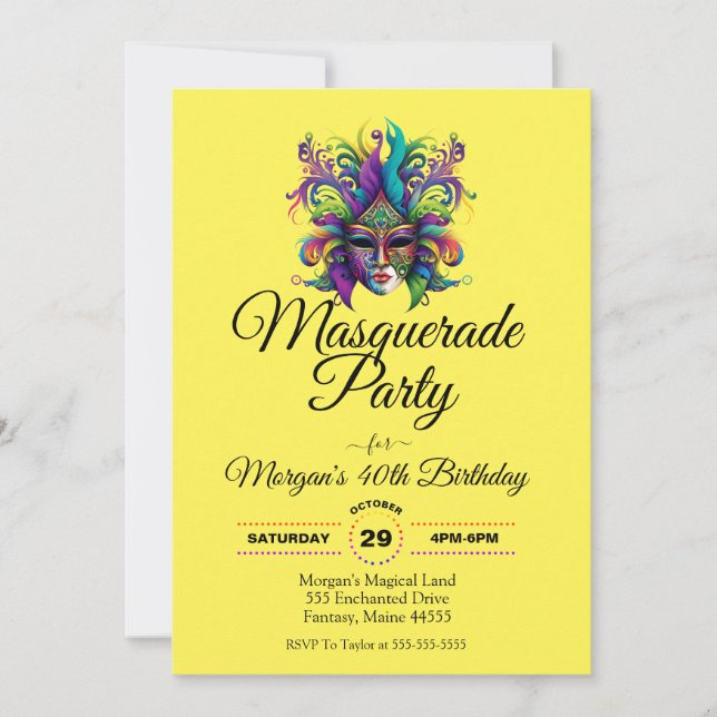 Masquerade mask party birthday invitation (Front)