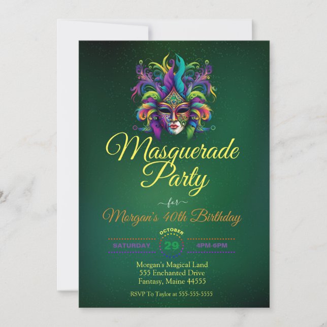 Masquerade mask party birthday invitation (Front)