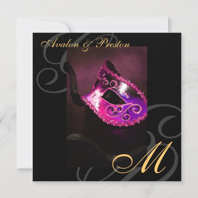 Masquerade Mask Pink Swirl Wedding Invitation (Front)