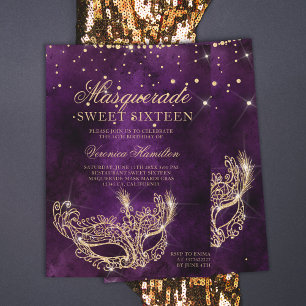 Masquerade mask purple gold glitter Sweet 16 Invitation