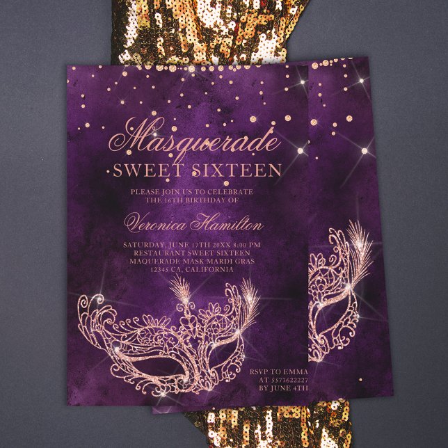 Masquerade mask purple rose gold glitter Sweet 16 Invitation (Creator Uploaded)