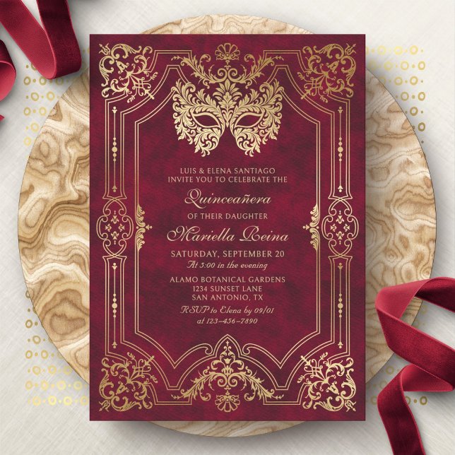 Masquerade Mask Red Elegant Quinceanera Invitation (Creator Uploaded)