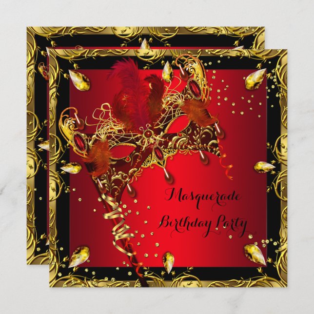 Masquerade Mask Red Gold Birthday Party Invitation (Front/Back)
