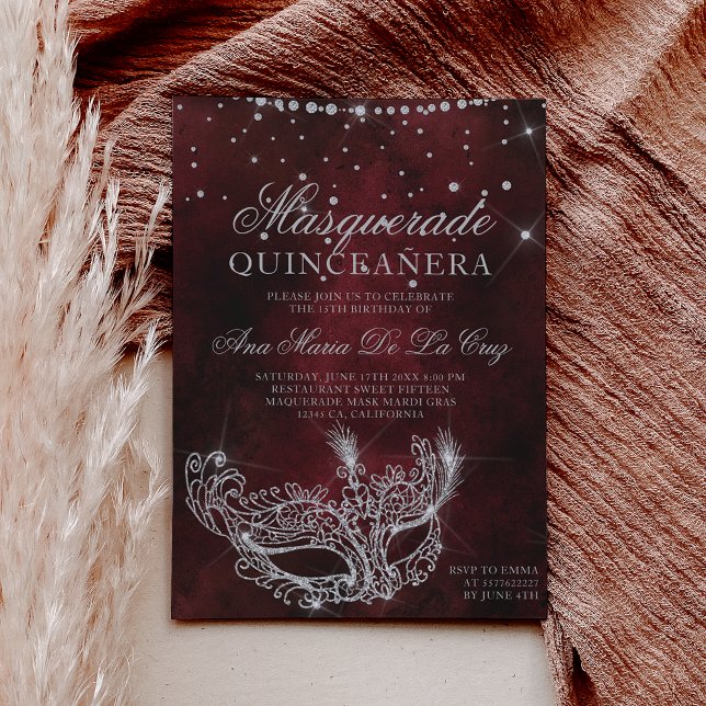 Masquerade mask red silver glitter quinceanera  invitation (Masquerade mask red silver glitter quinceanera invitation)