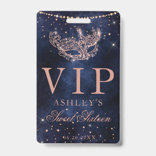 Masquerade mask rose gold glitter Sweet 16 VIP ID Badge