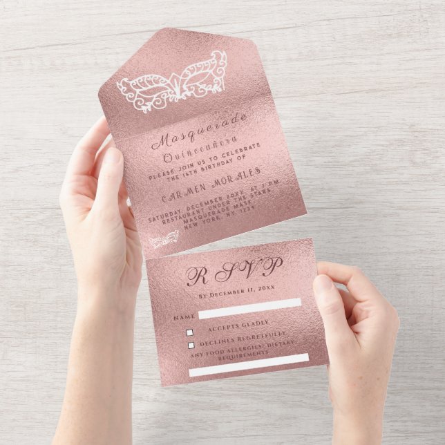 Masquerade Mask Rose Gold Pink Glitter Quinceanera All In One Invitation (Tearaway)