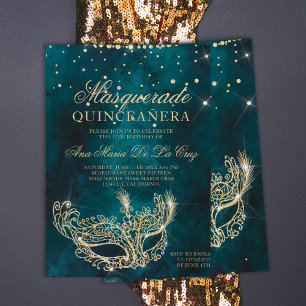 Masquerade mask teal gold glitter quinceanera invitation