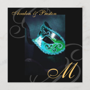 Masquerade Mask Teal Swirl Wedding Invitation
