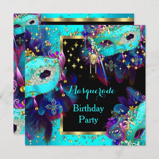 Masquerade Masked Teal Blue Pink Birthday Party Invitation (Front/Back)