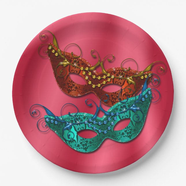 Masquerade Masks on Red Stain Paper Plates 9" (Front)