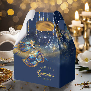 Masquerade Masks Quinceanera Blue Gold ID1031 Favour Box