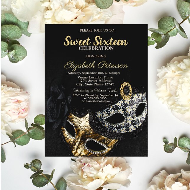 Masquerade,Masque,Black,Confetti Sweet 16 Invitation (Creator Uploaded)