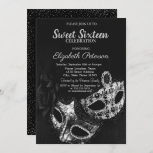 Masquerade,Masque,Black,Grey Confetti Sweet 16 Invitation