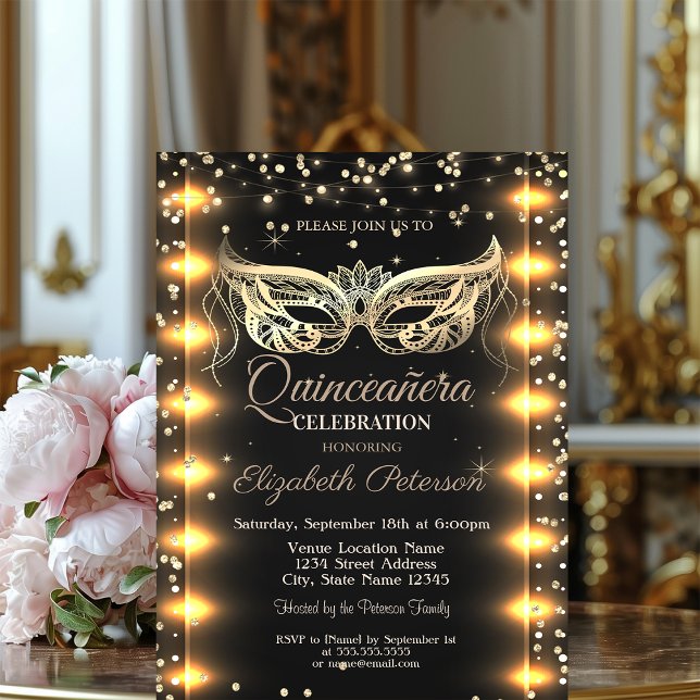 Masquerade,Masque, Diamonds,Lights Quinceañera Invitation (Creator Uploaded)