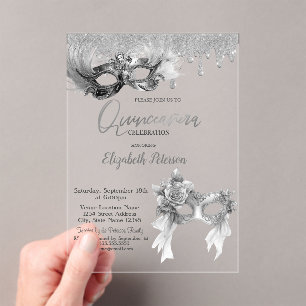 Masquerade Masque Glitter Drips Silver Quinceanera Acrylic Invitations