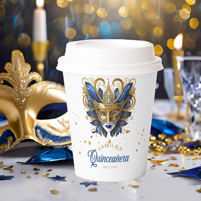 Masquerade Motif Quinceanera Blue Gold ID1031 Paper Cups (Creator Uploaded)