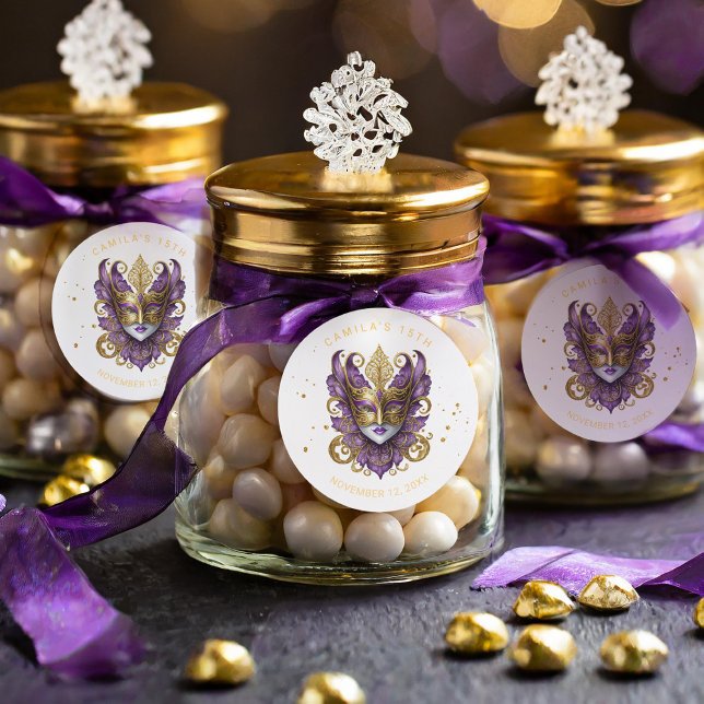 Masquerade Motif Quinceanera Purple Gold ID1031 Classic Round Sticker (Creator Uploaded)