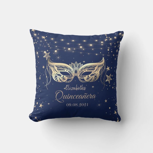 Masquerade, Navy Blue Stars  Quinceañera   Cushion (Front)