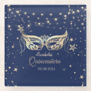 Masquerade, Navy Blue Stars Quinceañera Glass Coaster