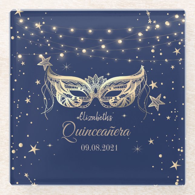 Masquerade, Navy Blue Stars  Quinceañera   Glass Coaster (Front)