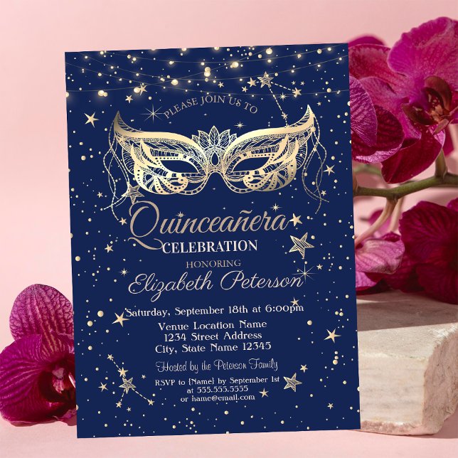 Masquerade, Navy Blue Stars  Quinceañera Invitation (Creator Uploaded)