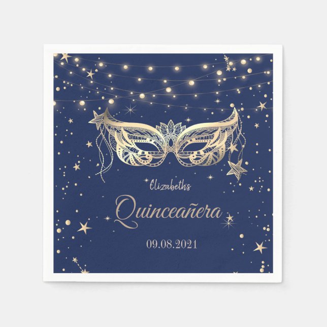 Masquerade, Navy Blue Stars  Quinceañera  Napkin (Front)