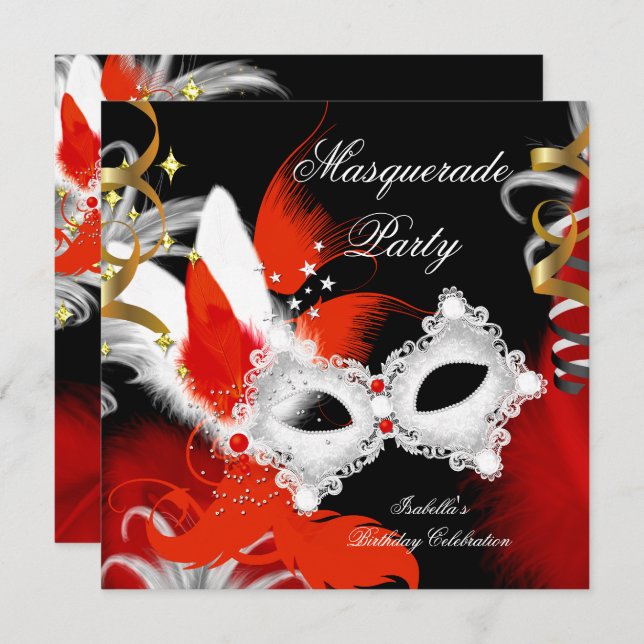 Masquerade Party Birthday Red Mask Black White 2 Invitation (Front/Back)