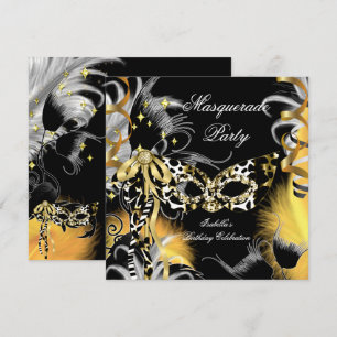 Masquerade Party Birthday Wild Mask Black Gold 3 Invitation
