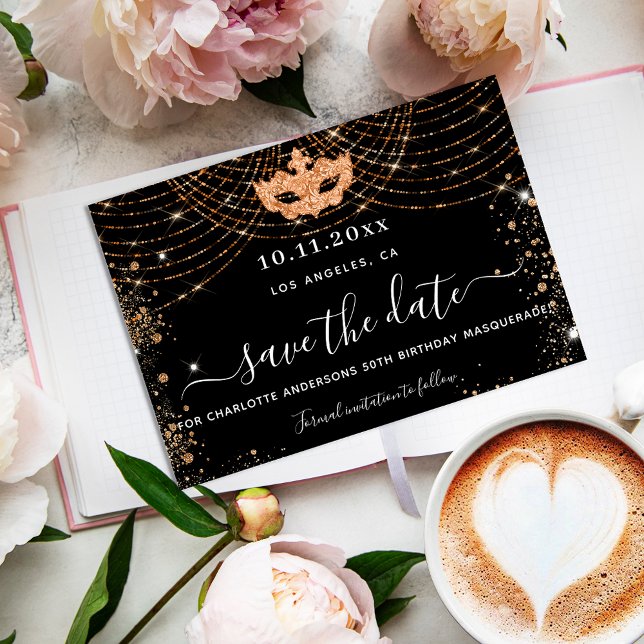 Masquerade party black gold glitter glamourous save the date (Creator Uploaded)