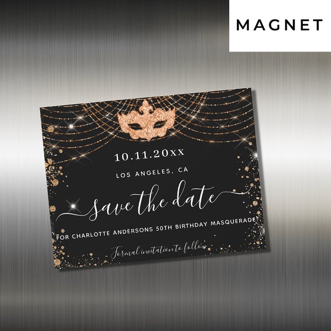 Masquerade party black gold save the date magnet (Creator Uploaded)
