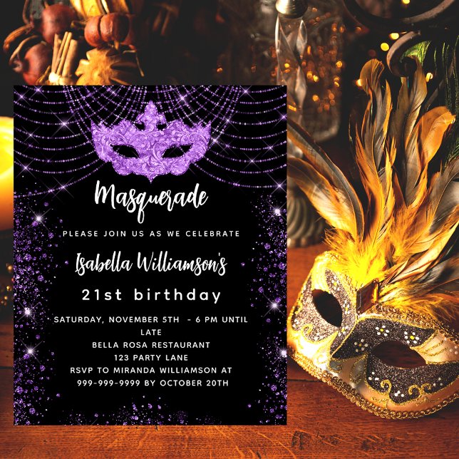 Masquerade party black purple budget invitation (Creator Uploaded)