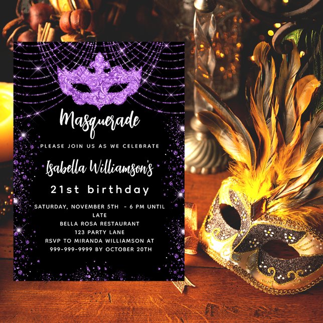 Masquerade party black purple glitter luxury invitation (Creator Uploaded)