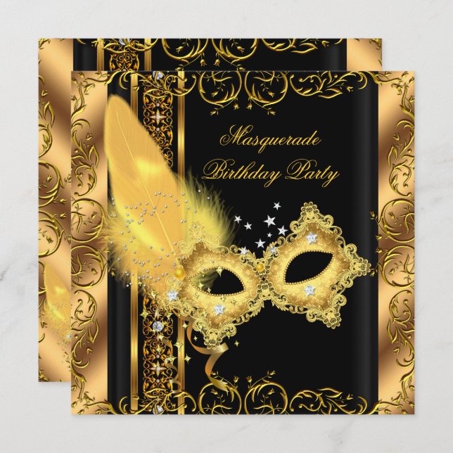 Masquerade Party Gold Black Yellow Mask 6 Invitation (Front/Back)