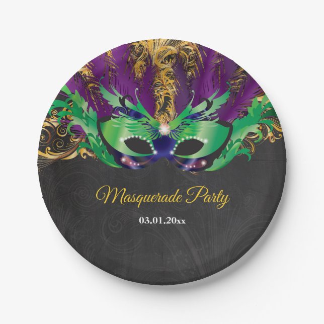 Masquerade Party Magical Night Green Purple Gold Paper Plate (Front)