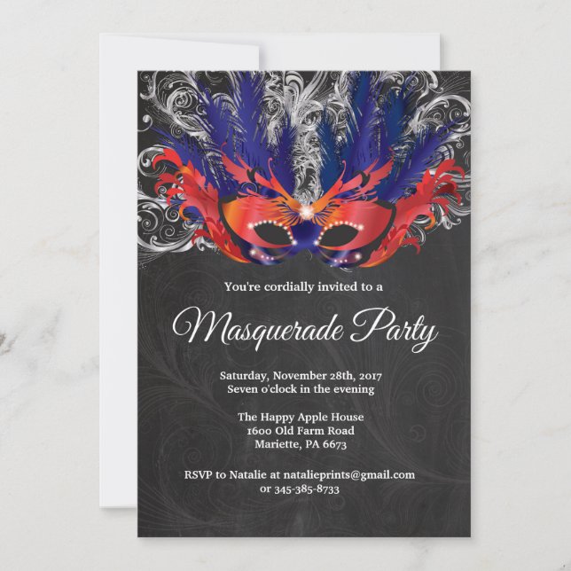 Masquerade Party Magical Night Red Silver Blue Invitation (Front)