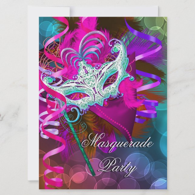 Masquerade Party Mask Teal Pink Metallic 2 Invitation (Front)