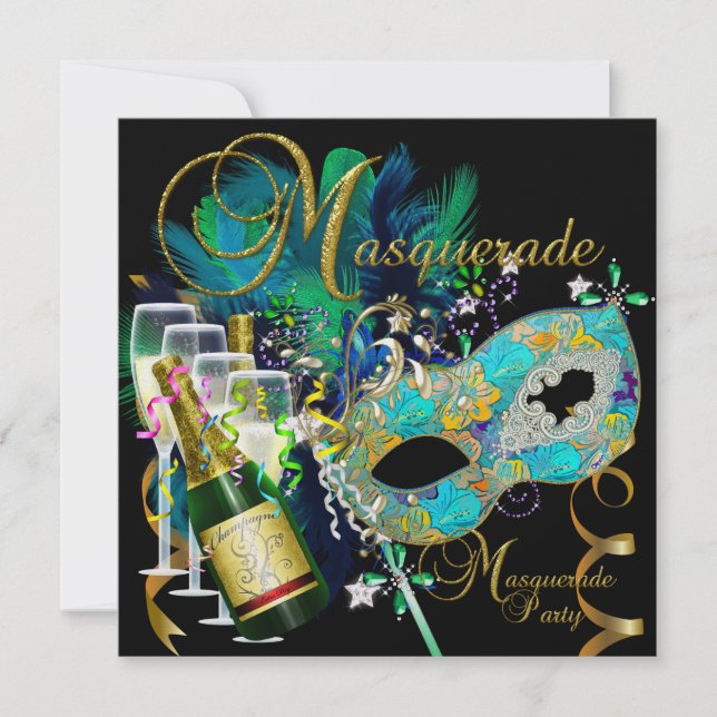 Masquerade Party Masks Black Gold Teal Invitation (Front)