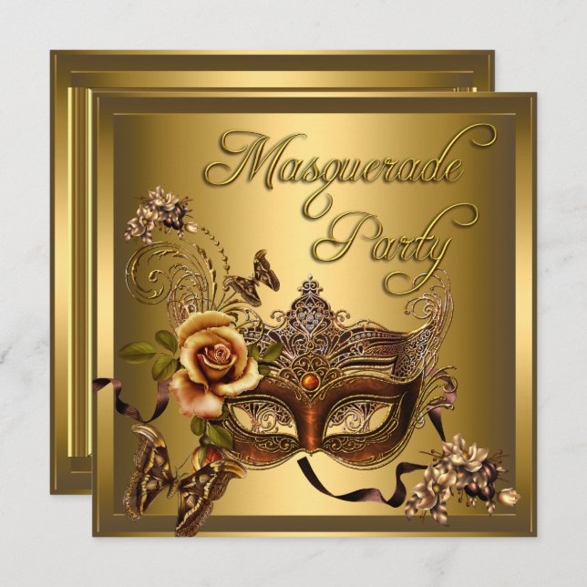 Masquerade Party Masks Gold Black Birthday Invitation (Front/Back)
